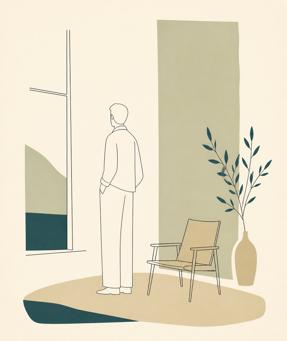 Illustration: ruhiger Raum mit Fenster als Sinnbild für Innehalten